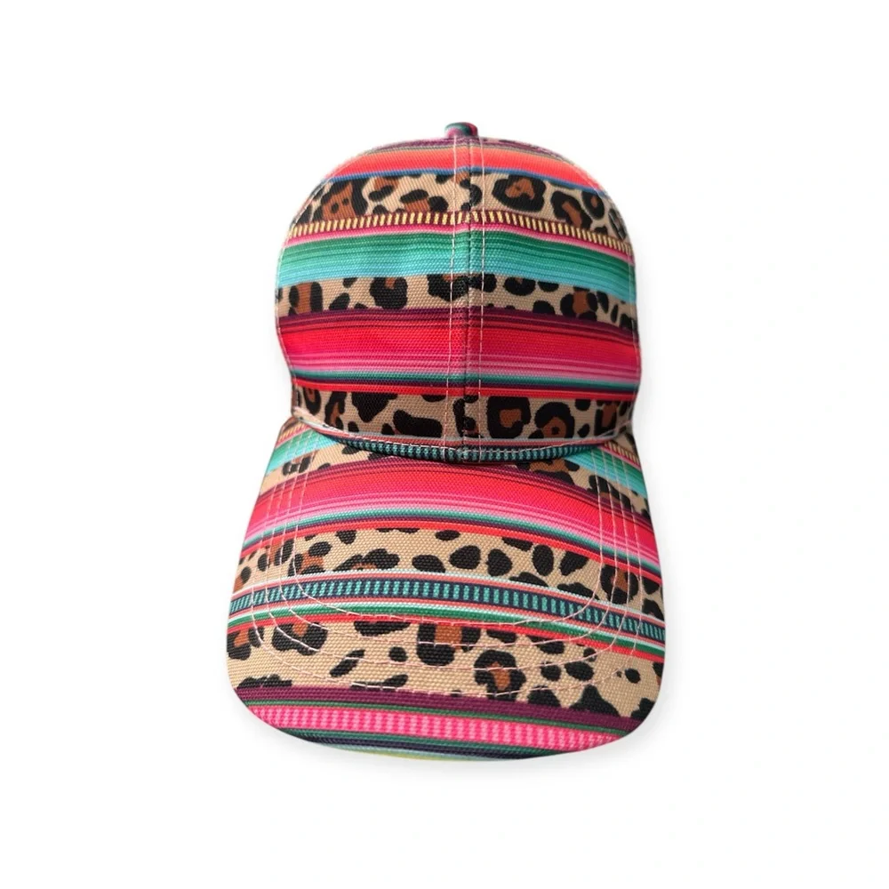 This is a serape and leopard print mesh baseball cap with a Velcro back